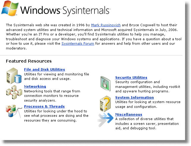 Windows Opens sysinternals site